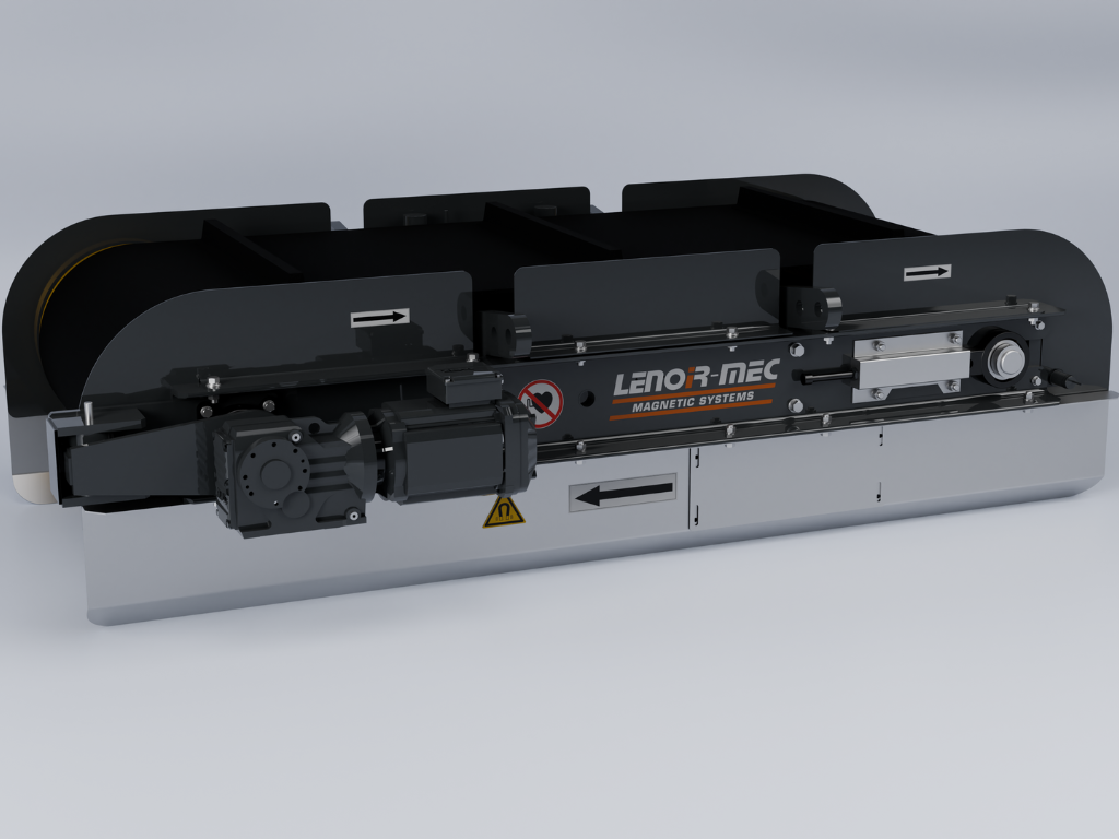Vue d’un overband magnétique Lenoir-Mec conçu pour l’extraction automatique des métaux ferreux dans les lignes de tri et de recyclage.